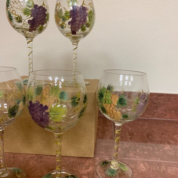 WINE GLASSES - set 6 Hand Painted GRAPES, VINES, LEAVES Design Wine Glasses 8.5" - Picture 2 of 8